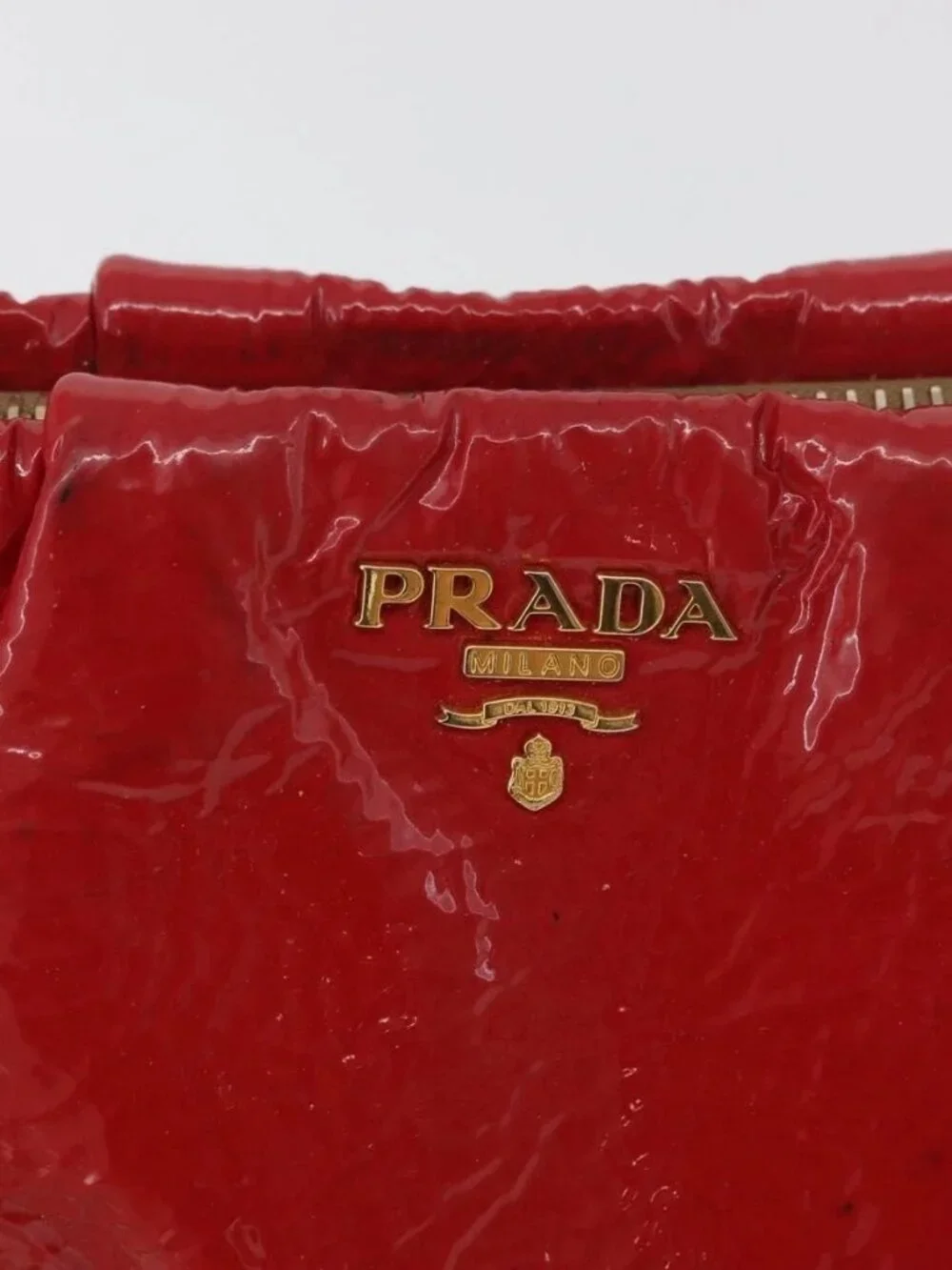 PRADA Pouch Patent leather Red Gold Auth